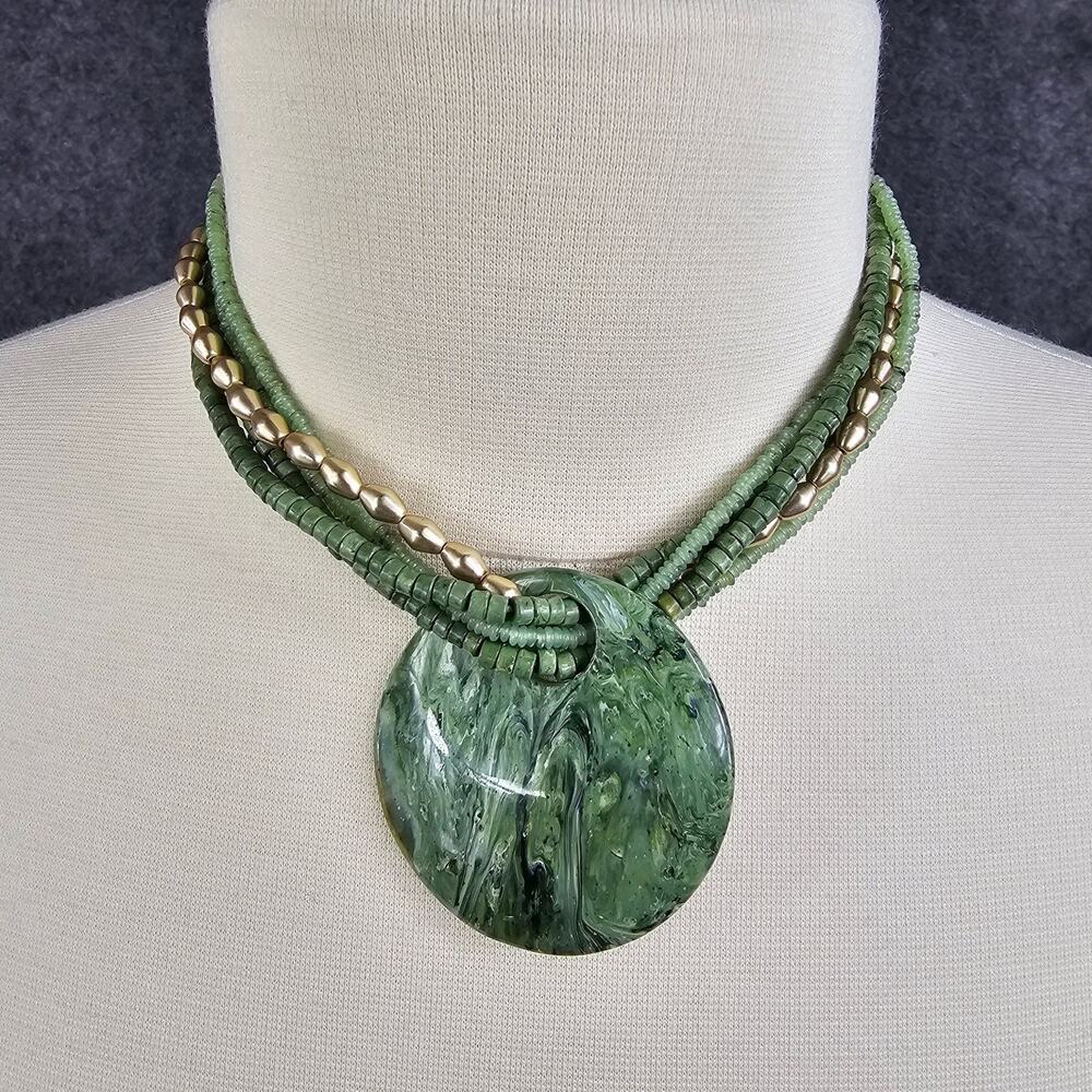 Multi-Strand Choker Necklace Marbled Disc Green Pendant Gold Tone Beads Acrylic